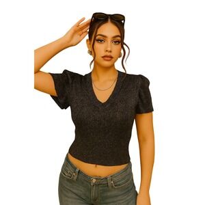 Nanette Lepore Y2K Women's Black Sparkle Knit Short Sleeve V Neck Top‎ Size M